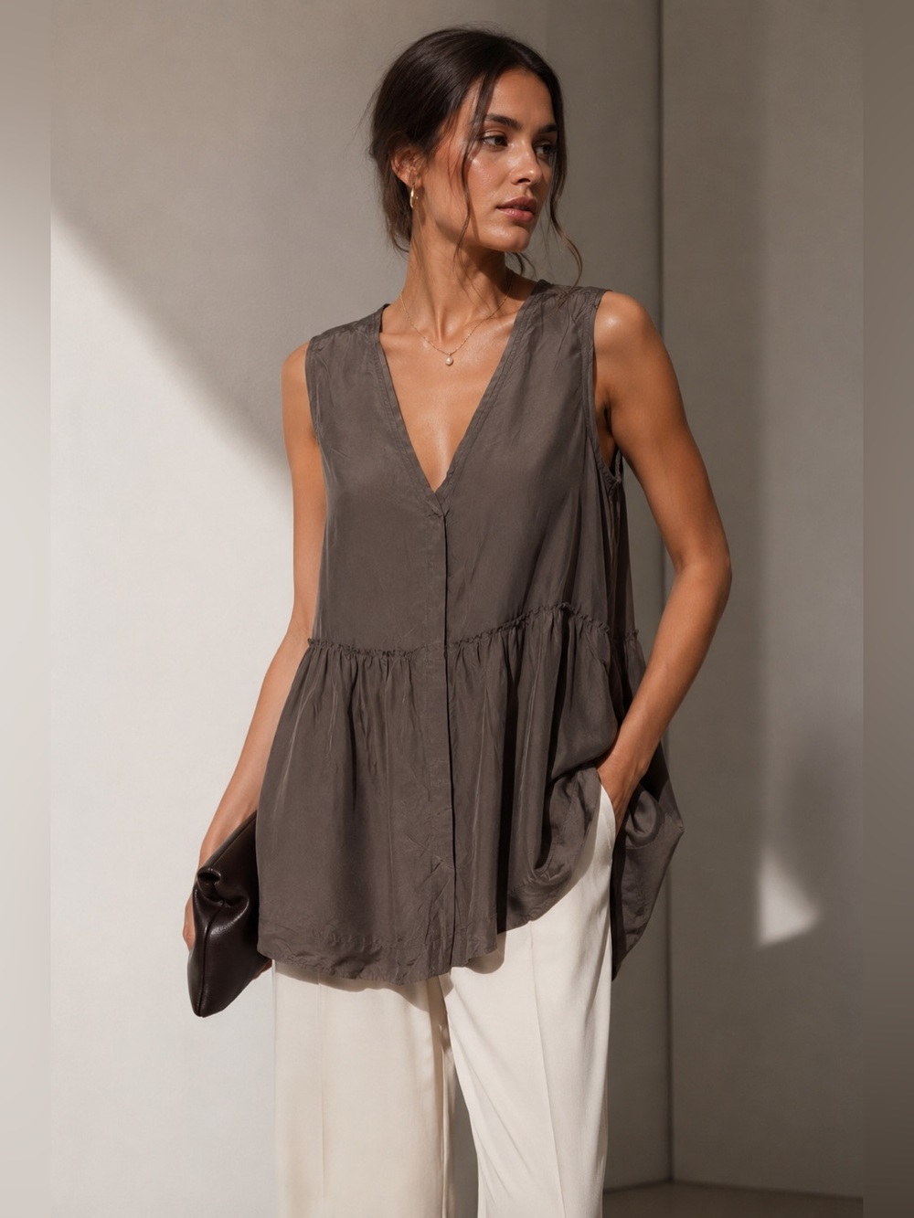 Madison Marcus 100% Silk Sleeveless Tunic Top Taupe Brown Size M